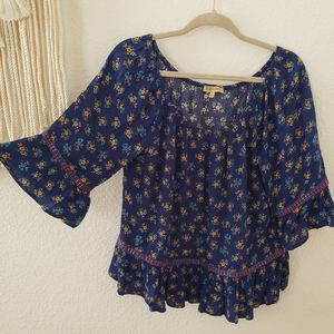 Floral Bohemian Baby Doll Style Blouse with ¾ Flutter Sleeve